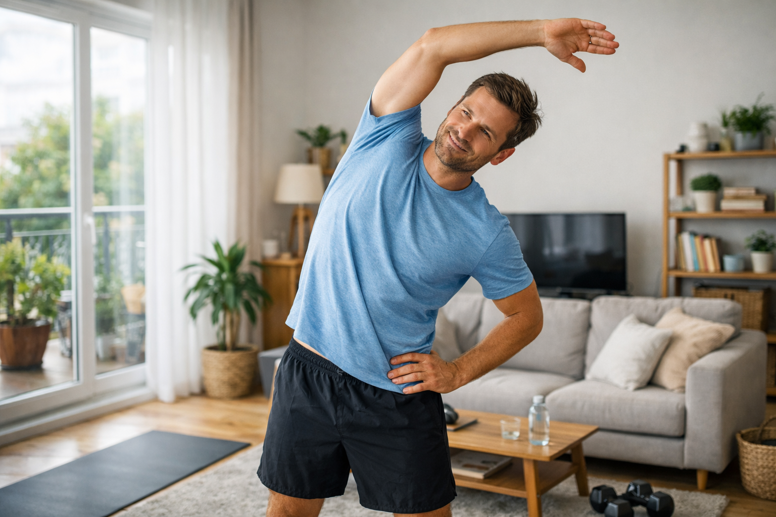 Γυναίκα κάνει διατάσεις σε φωτεινό σαλόνι