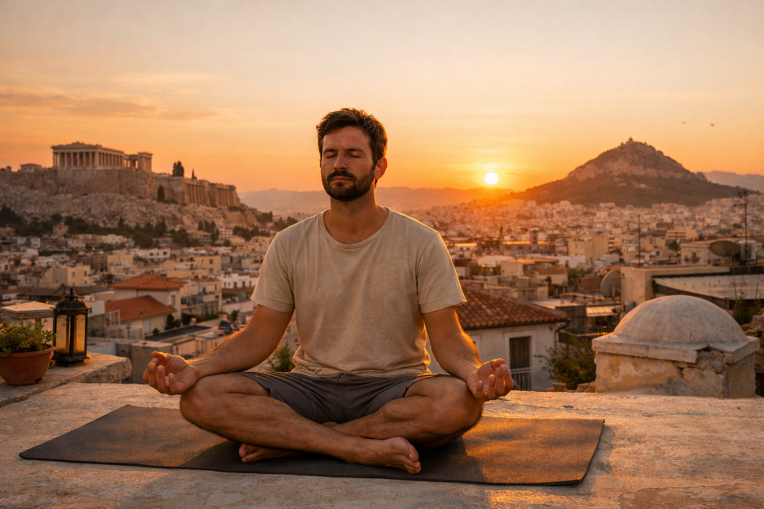 Άτομο που διαλογίζεται σε ταράτσα στο ηλιοβασίλεμα